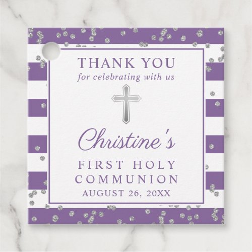 Silver Glitter Purple First Communion Thank You Favor Tags
