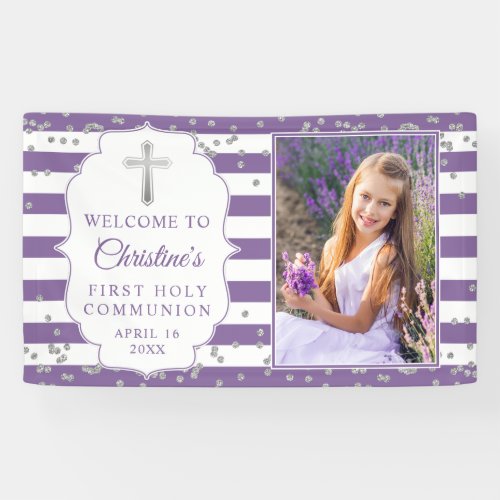 Silver Glitter Purple First Holy Communion Photo Banner
