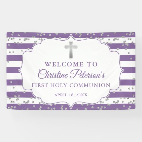 Silver Glitter Purple First Holy Communion Welcome Banner