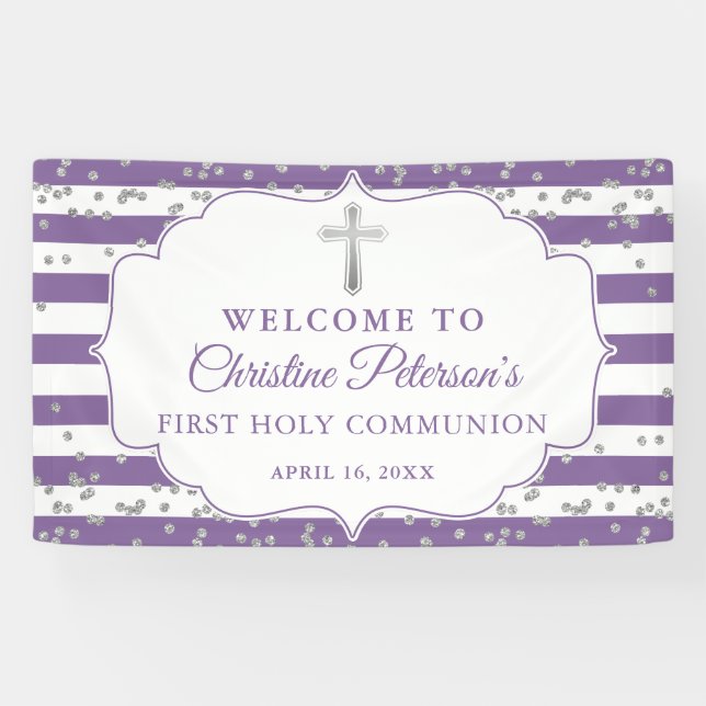 Silver Glitter Purple First Holy Communion Welcome Banner (Horizontal)