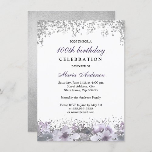 Silver Glitter Purple Floral 100th Birthday Invite