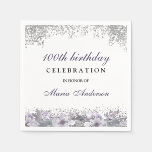 Silver Glitter Purple Floral 100th Birthday Party Napkins