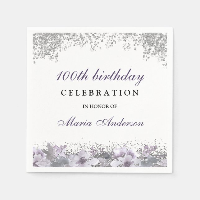 Silver Glitter Purple Floral 100th Birthday Party Napkins (Front)
