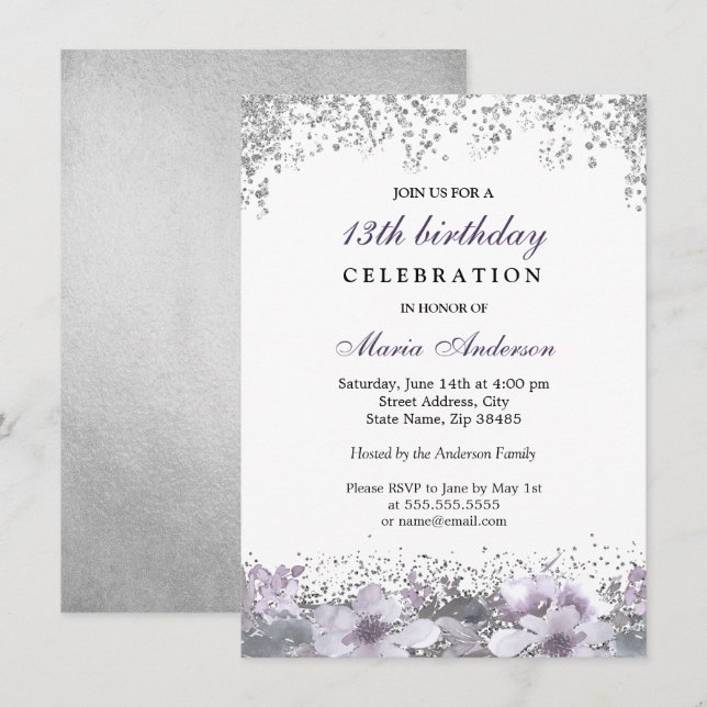 Silver Glitter Purple Floral 13th Birthday Invite (Front/Back)