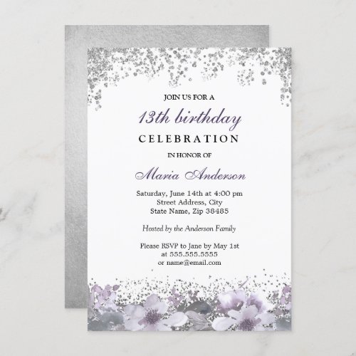Silver Glitter Purple Floral 13th Birthday Invite
