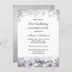 Silver Glitter Purple Floral 21st Birthday Invite