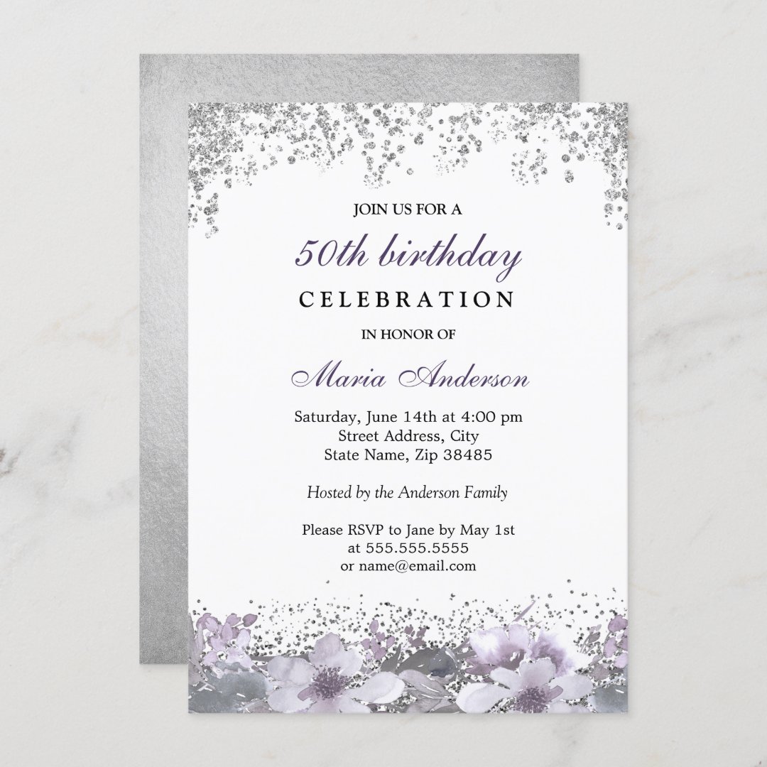 Silver Glitter Purple Floral 50th Birthday Invite | Zazzle