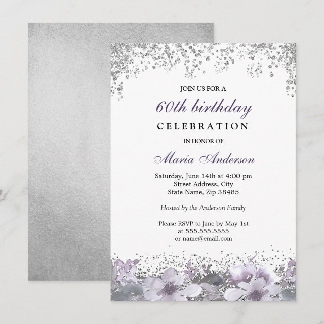 Silver Glitter Purple Floral 60th Birthday Invite (Front/Back)