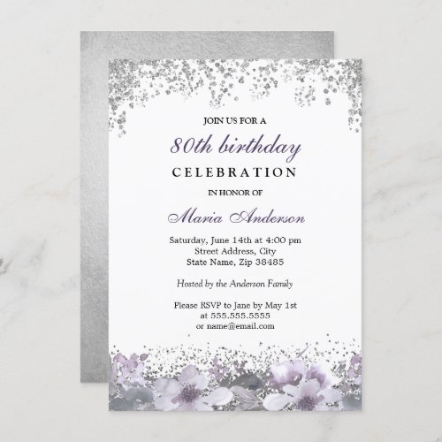 Silver Glitter Purple Floral 80th Birthday Invite