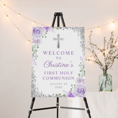 Silver Glitter Purple Floral First Holy Communion Foam Board