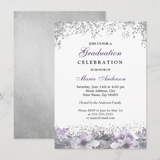 Silver Glitter Purple Floral Graduation Party Invitation (Front/Back)