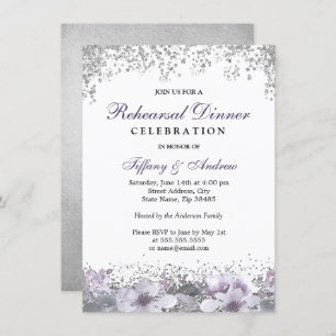 Silver Glitter Purple Floral Rehearsal Dinner Invitation