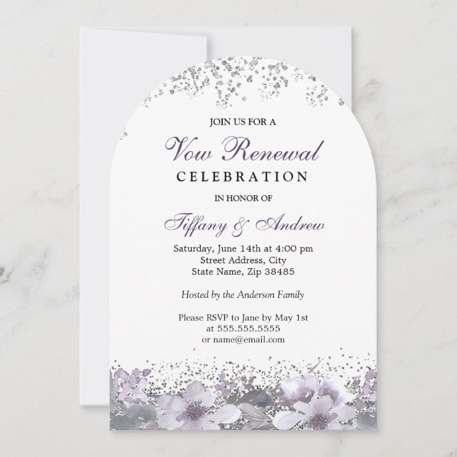 Silver Glitter Purple Floral Vow Renewal Arch Invitation (Front)