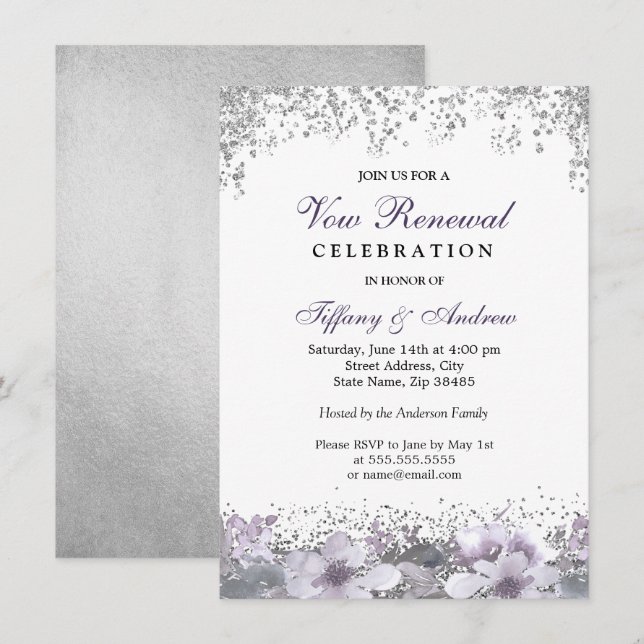 Silver Glitter Purple Floral Vow Renewal Invite (Front/Back)
