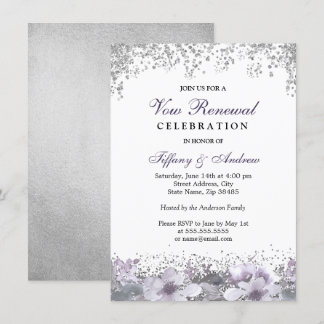 Silver Glitter Purple Floral Vow Renewal Invite