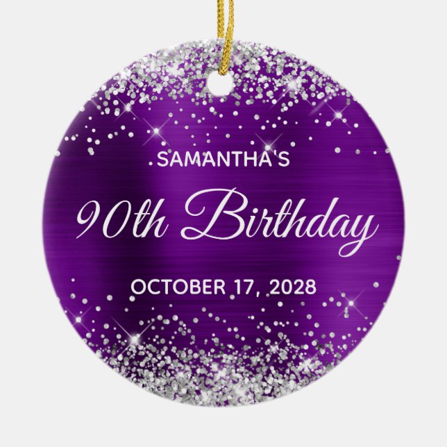 Silver Glitter Purple Foil 90th Birthday Ceramic Ornament (Front)