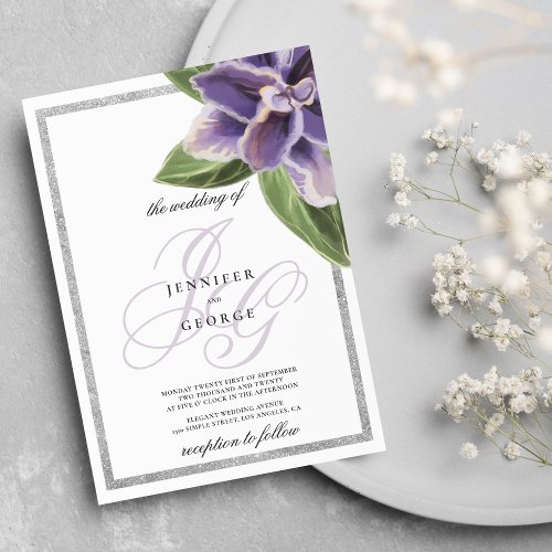 Silver glitter purple lavender orchid wedding invitation