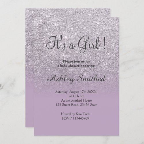 Silver glitter purple lilac ombre girl baby shower invitation