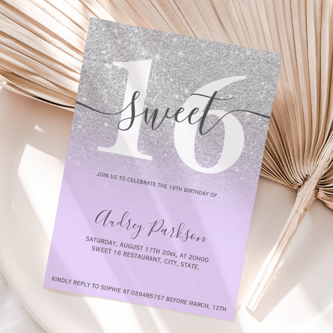 Silver glitter purple lilac ombre girly Sweet 16 Invitation