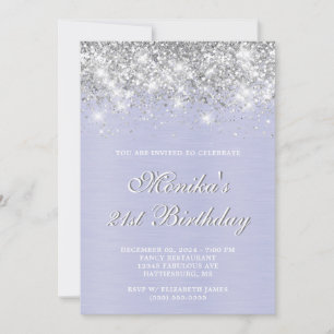 Silver Glitter Purple Metal Bold 21st Birthday  Invitation
