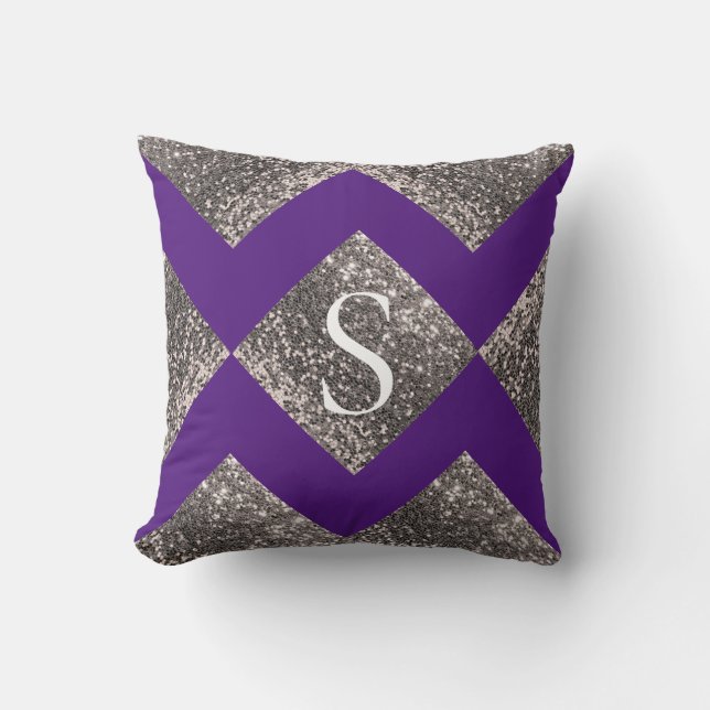 Silver Glitter Purple Monogram Bling Chic Throw Pillow (Front)