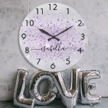 Silver glitter purple name script large clock<br><div class="desc">A faux silver metallic looking background,  decorated with purple faux glitter dust.  Personalize and add your name written with a trendy hand lettered style script with swashes.
To keep the swashes only delete the sample name,  leave the spaces or emoji's in front and after the name.</div>