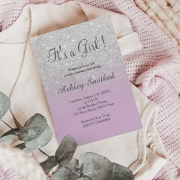 Silver glitter purple ombre girl baby shower invitation