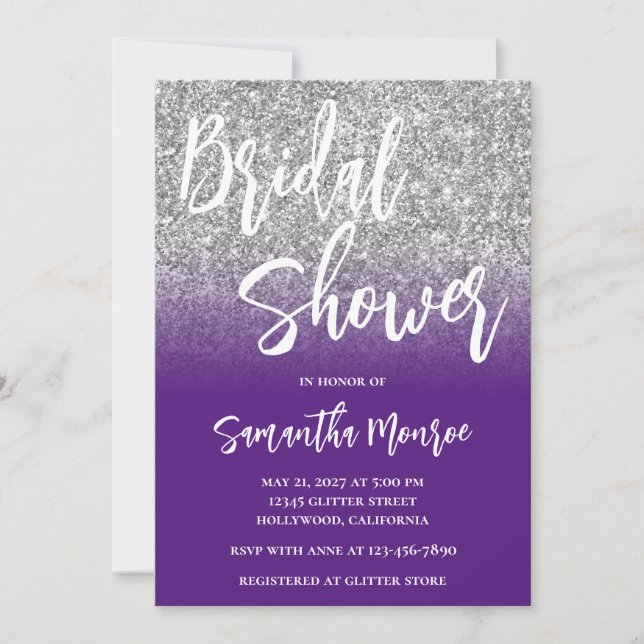 Silver Glitter Purple Ombre QR Code Bridal Shower Invitation (Front)