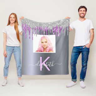 Silver glitter purple photo monogram name fleece blanket
