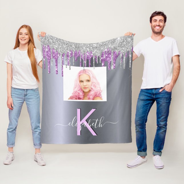 Silver glitter purple photo monogram name fleece blanket (In Situ)