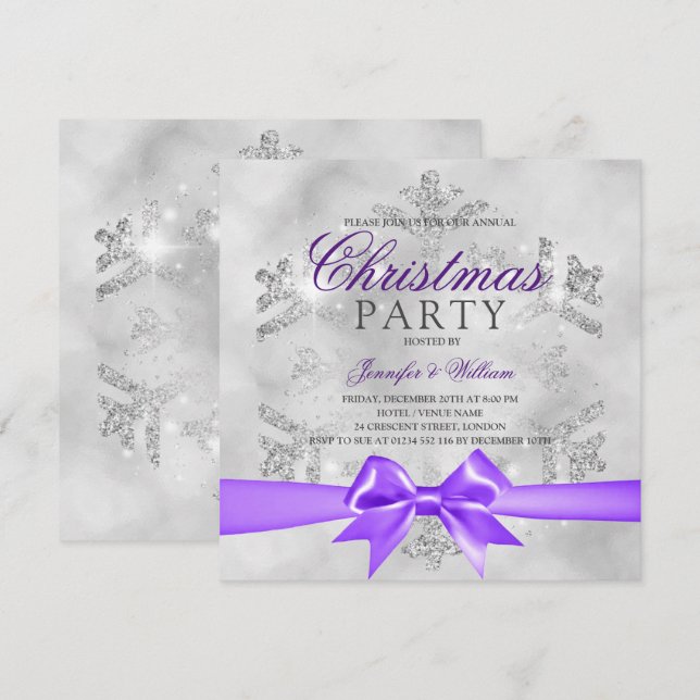 Silver Glitter & Purple Ribbon | Xmas Holiday Invitation (Front/Back)