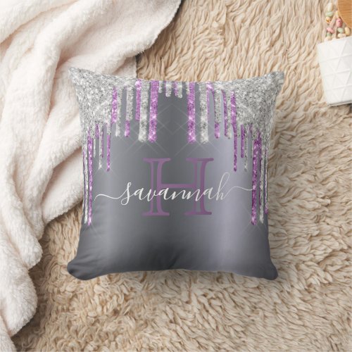 Silver glitter purple sparkle glam monogram script throw pillow