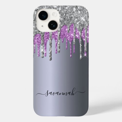 Silver glitter purple sparkle monogram glam Case_Mate iPhone 14 case