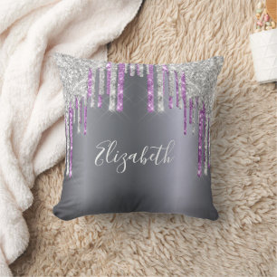 Silver glitter purple sparkle monogram glam throw pillow