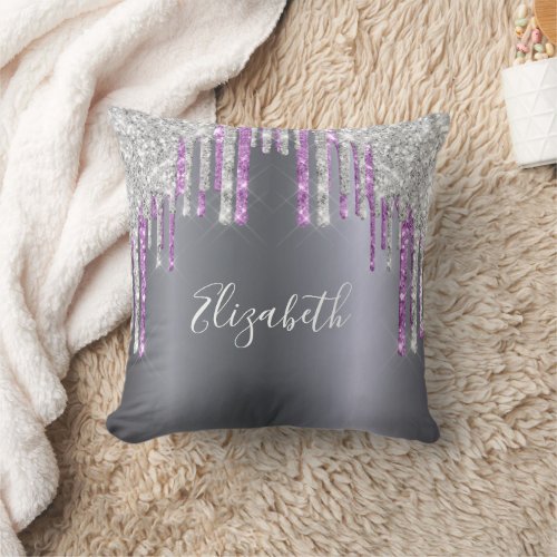 Silver glitter purple sparkle monogram glam throw pillow