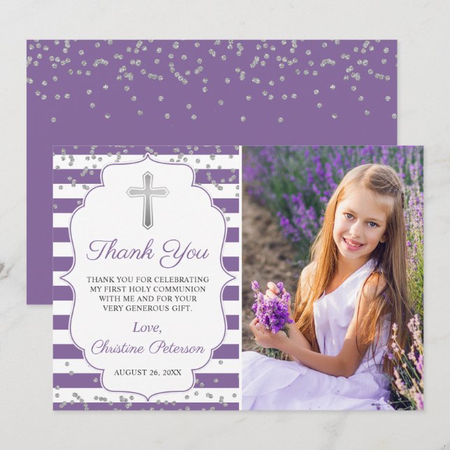 Silver Glitter Purple Stripes First Communion  Thank You Card (Front/Back)