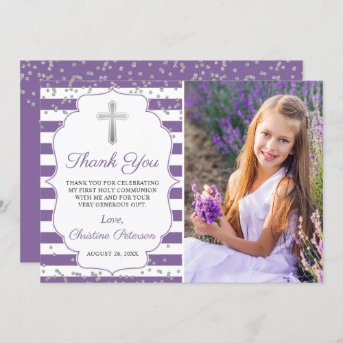 Silver Glitter Purple Stripes First Communion  Thank You Card