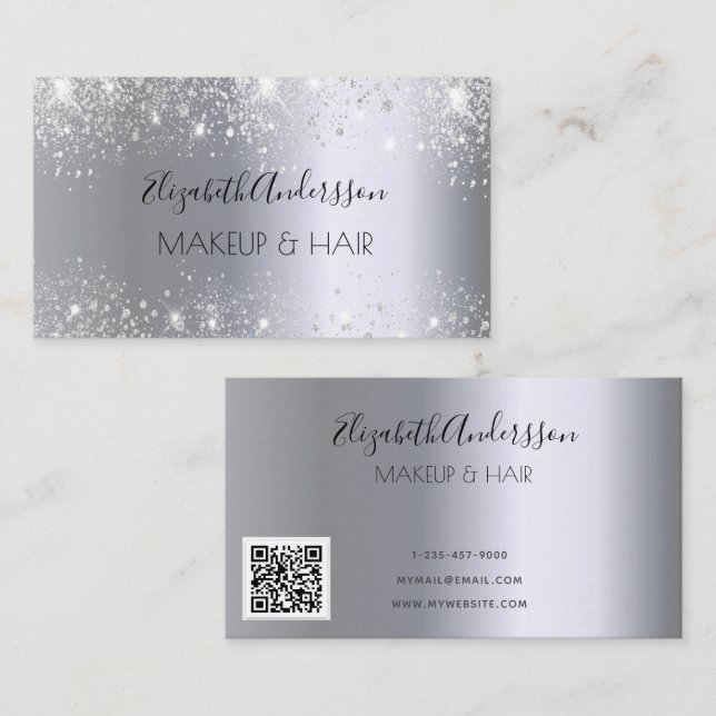 Silver glitter QR code elegant Business Card (Front/Back)