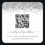 Silver Glitter QR Code Wedding Website Square Sticker<br><div class="desc">Silver Glitter QR Code Wedding Website. A faux glitter border and elegant script with swashes for your names.  The text can be easily personalised.</div>
