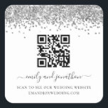 Silver Glitter QR Code Wedding Website Square Sticker<br><div class="desc">Silver Glitter QR Code Wedding Website. A faux glitter border and elegant script with swashes for your names.  The text can be easily personalised.</div>