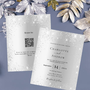 Silver glitter QR RSVP budget wedding invitation