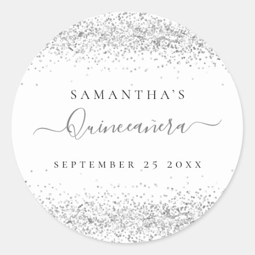 Silver Glitter Quinceaera Name Date Classic Round Sticker