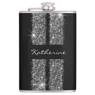 Silver Glitter Race Stripe Custom Personalized Flask