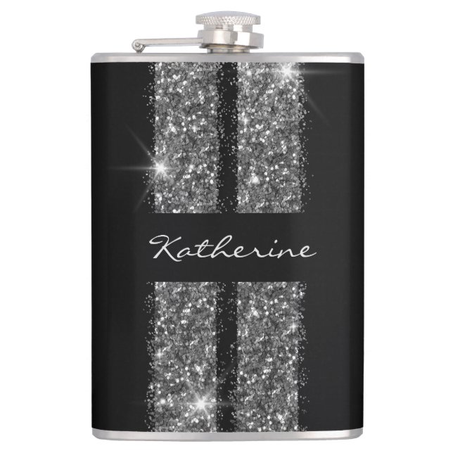 Silver Glitter Race Stripe Custom Personalized Flask (Front)
