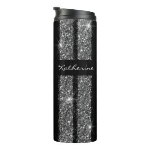 Silver Glitter Race Stripe Personalized Travel Mug