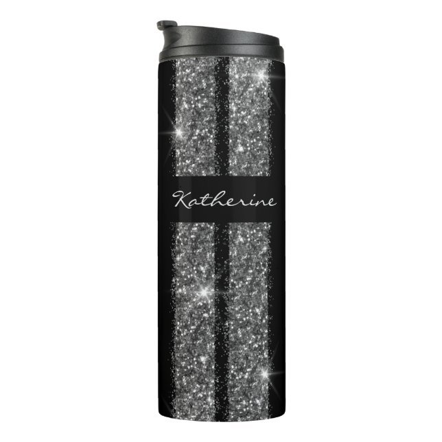 Silver Glitter Race Stripe Personalized Travel Mug (Rotated Right)