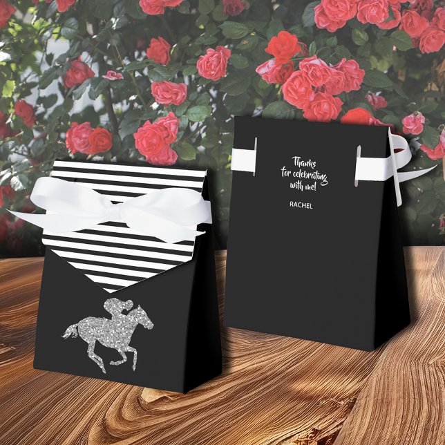 Silver Glitter Racehorse Black White Stripes Favor Boxes (Silver racehorse tent-style ribbon close favor box with  thank you on the back, 3" x 1.5" x 3.25")
