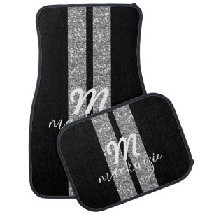 Silver Glitter Racing Stripes Monogrammed Custom Car Floor Mat