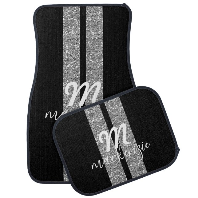 Silver Glitter Racing Stripes Monogrammed Custom Car Floor Mat (Set)