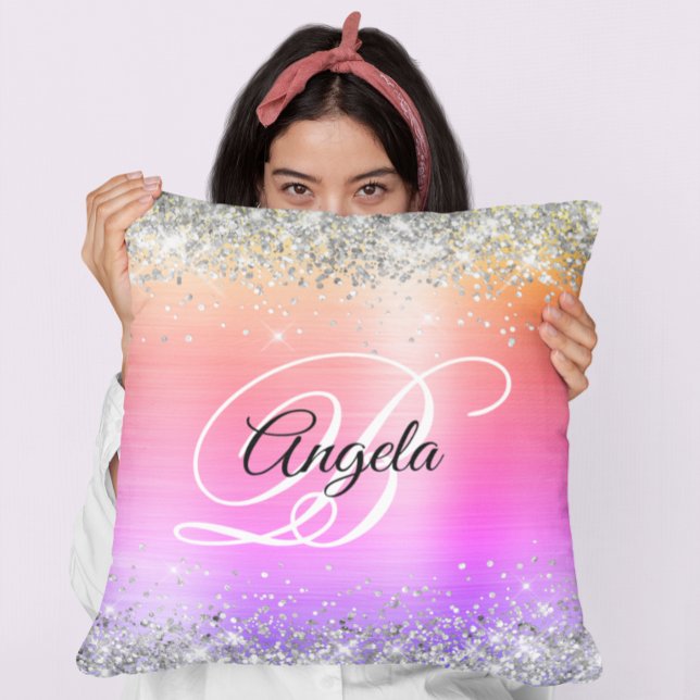 Silver Glitter Rainbow Foil Fancy Monogram Throw Pillow (Silver Glitter Rainbow Foil Fancy Monogram Throw Pillow)